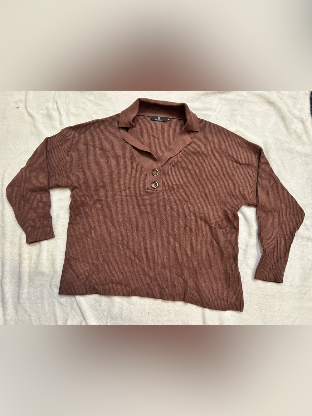 Lillusory Ribbed Polo Sweater with Button Placket - Rust EUC